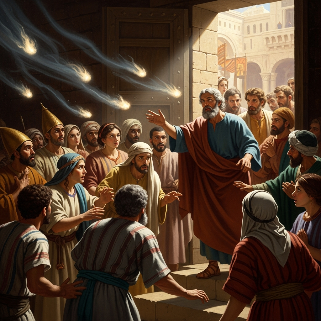 The disciples pour through the door into the Shavuot crowd — Galilean accents giving way to Parthian, Egyptian, Arabic, the languages of fifteen nations pouring from a single source.