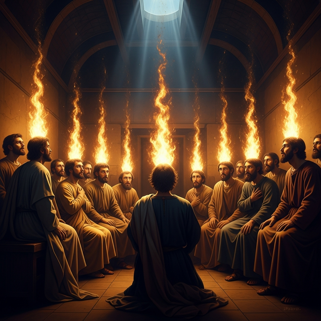 The sound arrives like a rushing wind that fills every corner — walls, floor, ceiling — while the flame descends above each head, precise and particular.