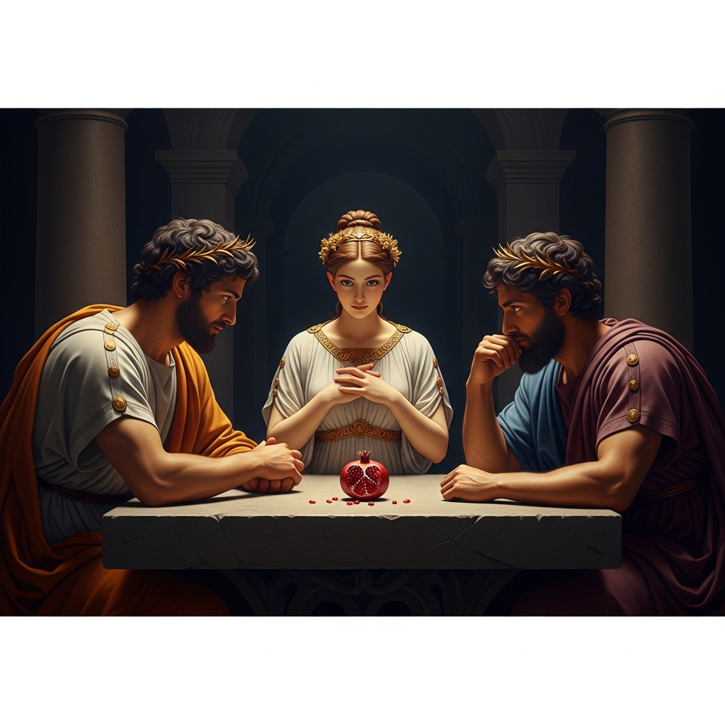 Persephone in the hall of the dead: not prisoner but queen, the lord of the underworld across the table from her, the pomegranate between them on the stone — the moment before the six seeds, the choice that makes winter.