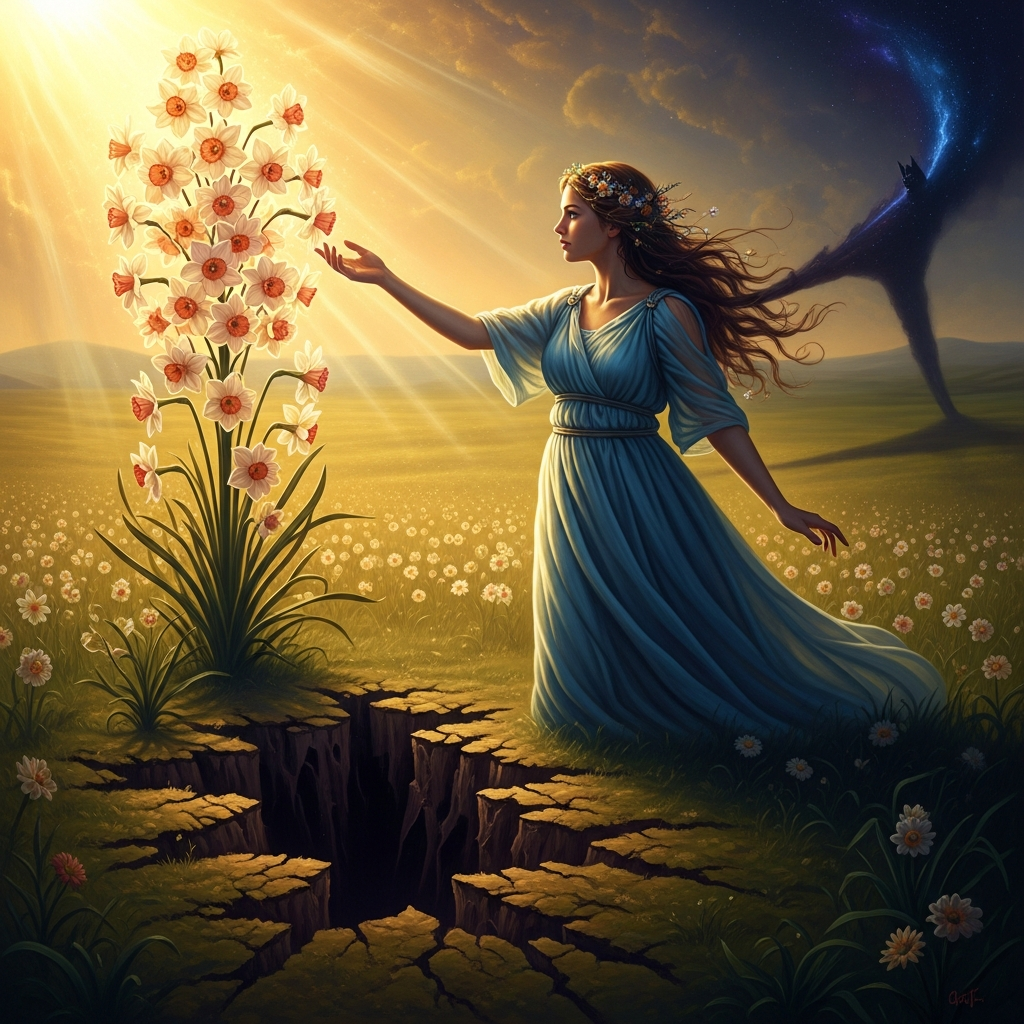 Persephone reaching for the narcissus in the meadow of Enna — the hundred-bloomed trap-flower, the earth cracking behind her, the moment before the chariot comes — hyper-realistic mythological painting, warm Sicilian light, the shadow already falling.
