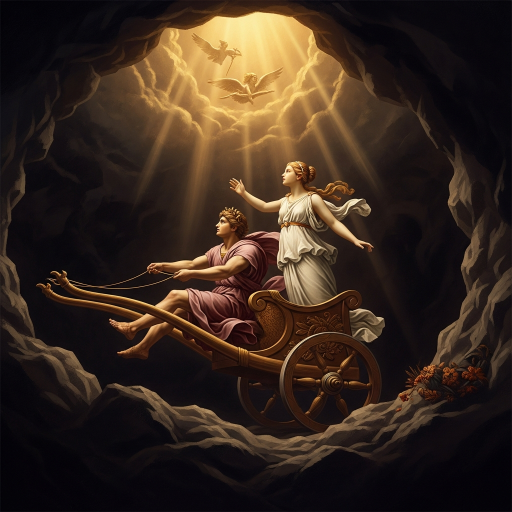 Hermes driving the chariot upward from the underworld, Persephone standing in it, face turned toward the light coming from above — the return that is not a return to the same place, the girl ascending who will be the queen descending every autumn.