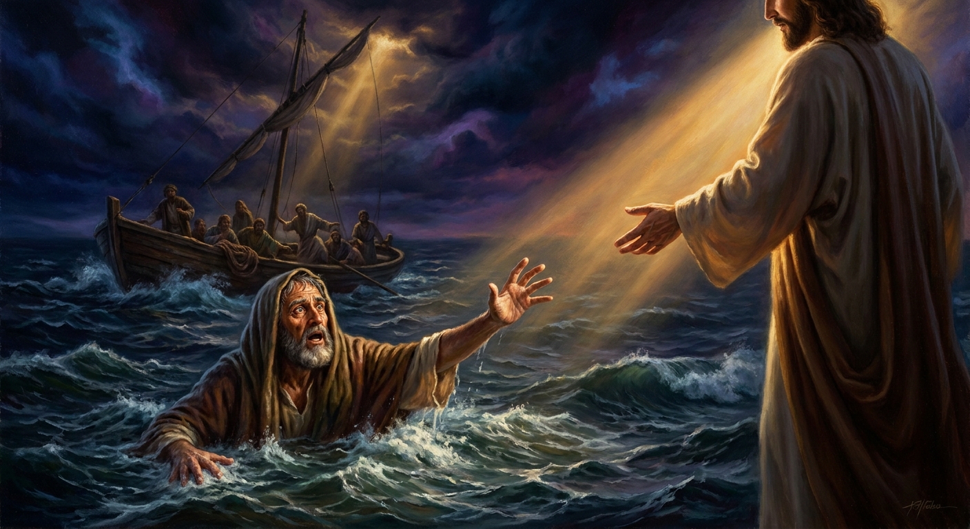 Peter steps out of the boat and walks toward Jesus. Then he looks at the wind. The moment his eyes leave Jesus, the water fails him and he begins to go under.