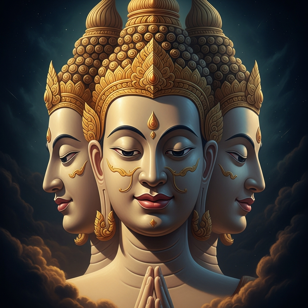 The four faces of Phra Phrom, each wearing a different expression: benevolence, mercy, sympathetic joy, equanimity — the four divine attitudes of Theravada Buddhism mapped onto the Hindu four-headed Creator. Each face looks in a different direction because no petitioner should have to approach from behind. Every angle of arrival is a front.