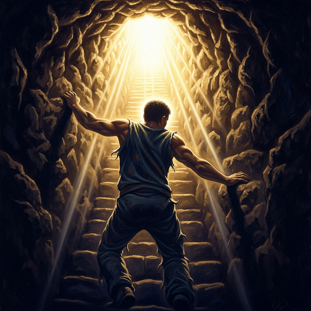 The freed prisoner climbs the steep tunnel toward a light so intense he cannot look at it — the sun that casts all other light.