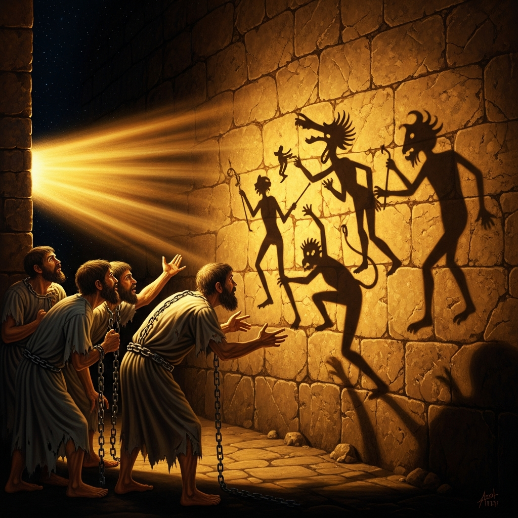 The chained prisoners face the wall, watching the shadows move — firelight through puppets — and argue passionately about what the shadows mean.