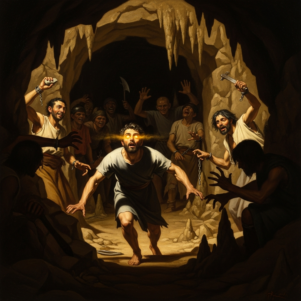 He descends again into the cave. His eyes have not adjusted. He stumbles. The other prisoners laugh, then reach for weapons.