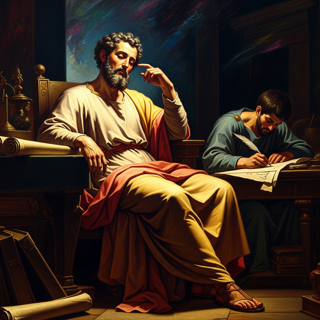 Plotinus seated in lamplight, eyes half-closed, dictating without pause to Porphyry who writes furiously in the corner. He does not review what he has said. The words leave him finished.