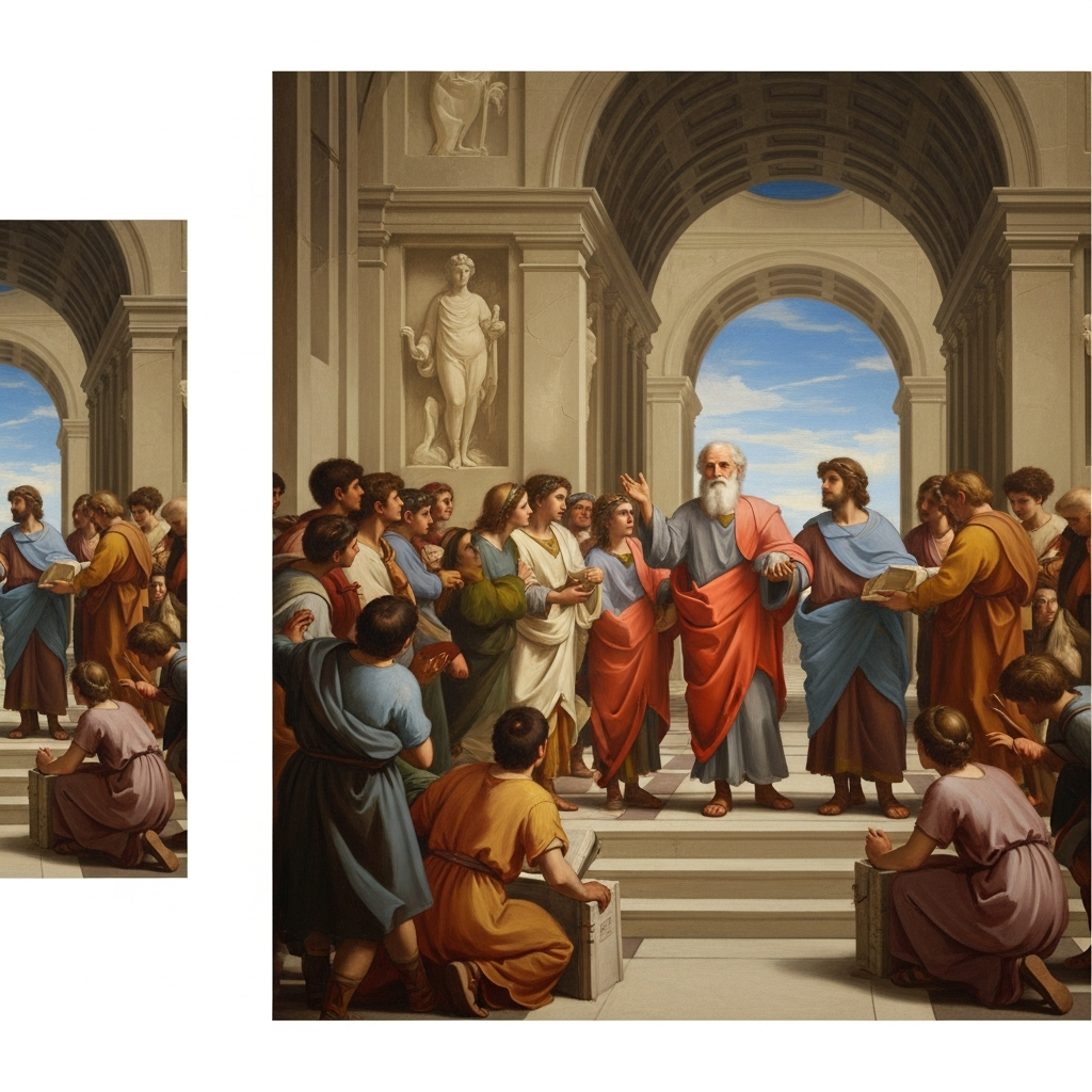 The school at Rome, the last afternoon. Students on three sides, Plotinus standing — nearly blind, white-haired, speaking in a voice that has lost none of its precision. He is describing a place none of them have been.