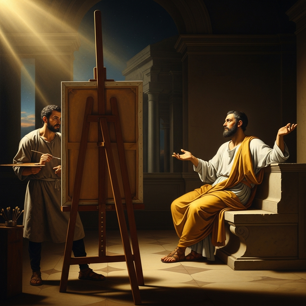 A painter stands with his tablet before Plotinus, who turns away with a gesture of complete indifference — not contempt, indifference. The body is a coat. Why paint the coat?