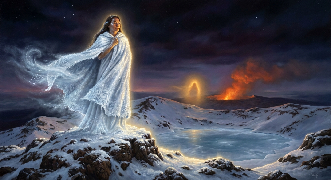 Poliʻahu on the summit of Mauna Kea — white kapa cloak woven of snow, the killing wind in her sleeve, the alpine lake Waiau at her feet.