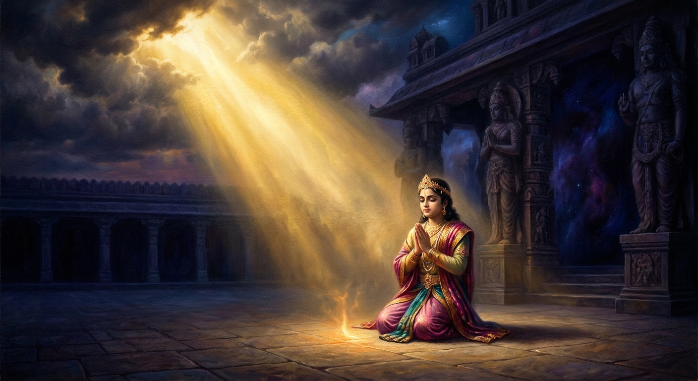 Prahlada sits in serene devotion, eyes closed and lips moving with Vishnu's name, while his father's torturers stand uncertain behind him — their every instrument failing against a child who does not resist.