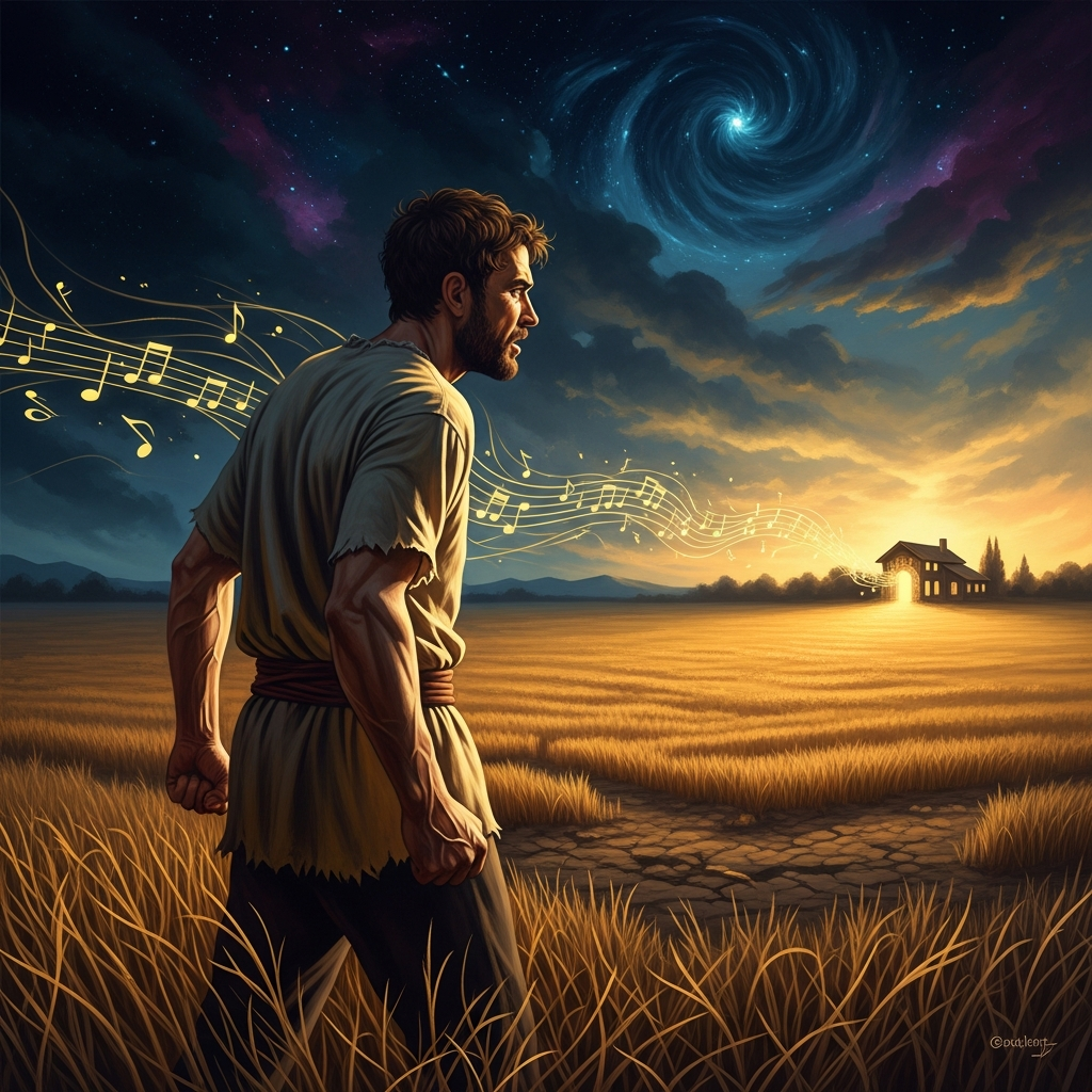 The elder son stands in the field with his fists closed, hearing the music from inside the house, unable to enter — faithful, furious, and more lost than his brother ever was.