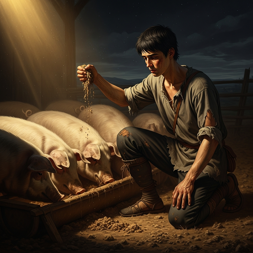 A Jewish son in a foreign field, feeding pigs he cannot eat, too hungry even to be disgusted — the furthest possible point from home, from the Law, from himself.