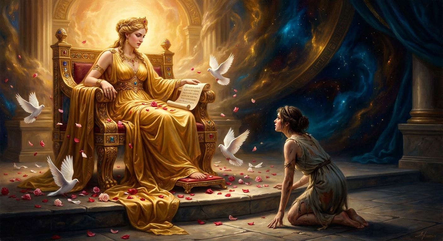 Aphrodite sets the four impossible labors before the kneeling mortal girl.