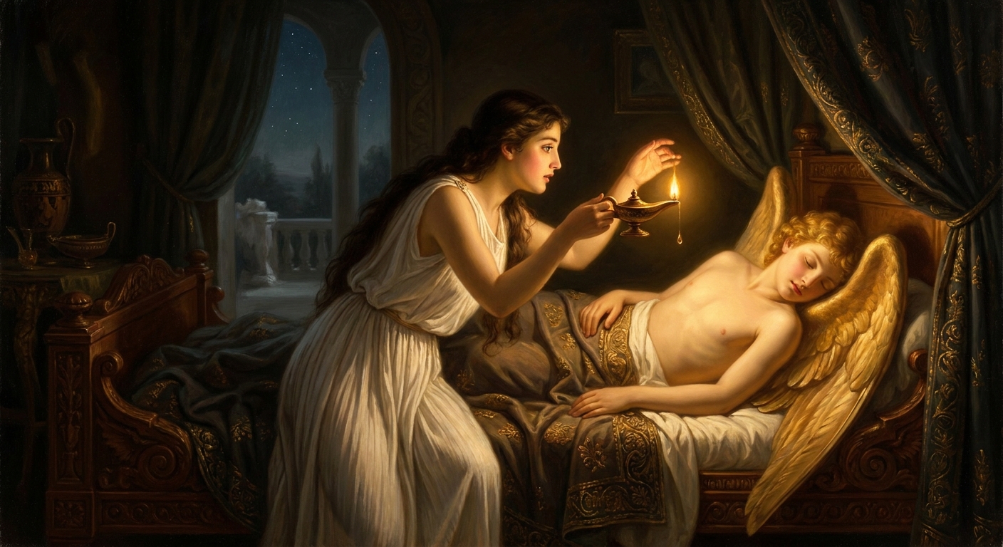 Psyche raises the oil lamp over the sleeping god. One drop of hot oil falls.