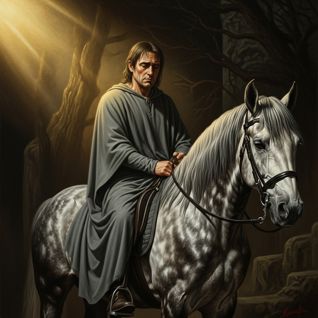 Arawn in gray on a gray horse: the king of the Welsh Otherworld arrives without ceremony, his face the face of a man whose anger is more disappointment than rage.