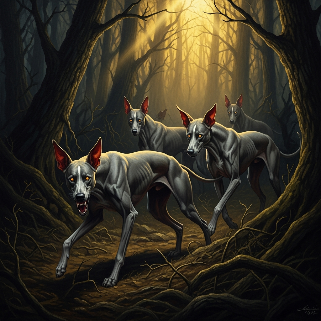 The hounds of Annwn — gray bodies, ears the color of fresh blood — are the first sign that this forest is not the one Pwyll thought he was hunting in.