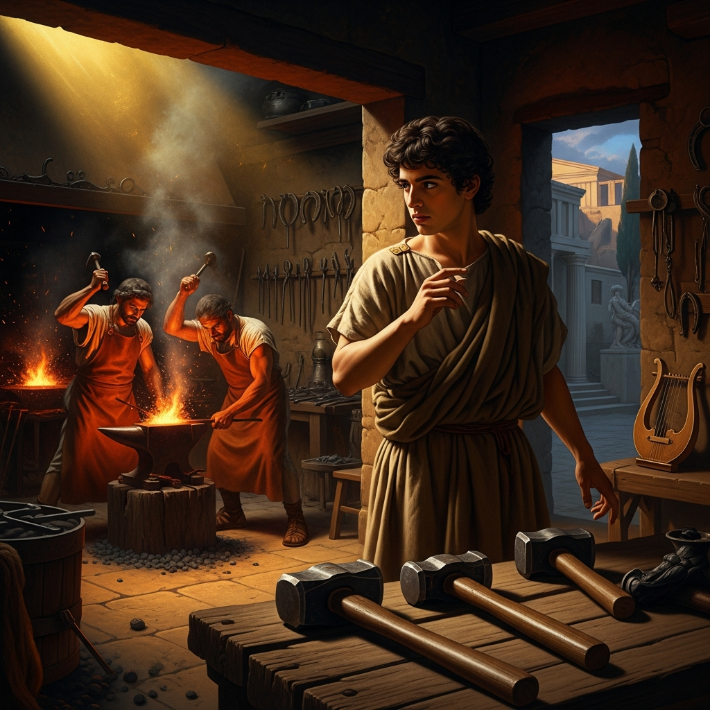 Young Pythagoras passes a blacksmith's shop and stops — the hammers ringing on anvils are producing harmonies. He measures the weights of the hammers. The ratios are simple integers. He runs back to his lyre.