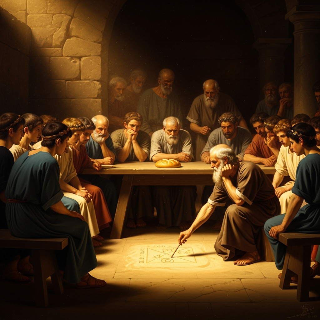 The Pythagorean brotherhood at Croton: the communal table where bread is never broken, the five-year initiates listening in silence, the master demonstrating mathematical ratios on sand — philosophy organized as a total form of life.
