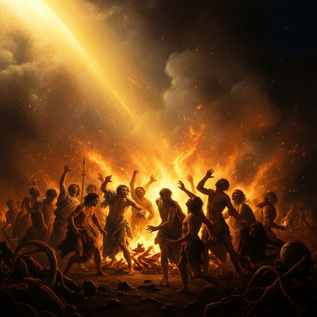 The burning of the brotherhood's meeting house at Croton: torches moving through the city at night, the figures of the Pythagoreans fleeing or not fleeing, the smoke rising over a community that chose its rules over its survival.