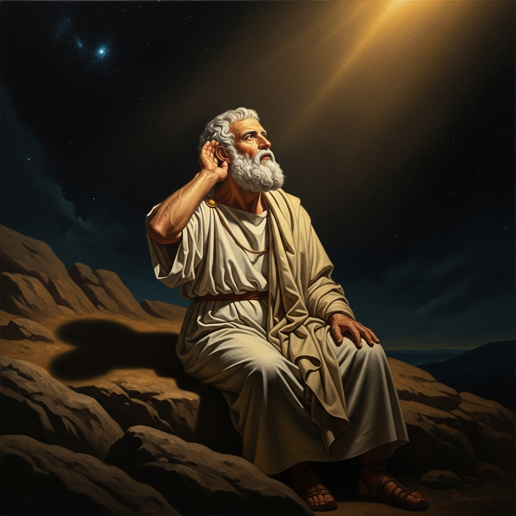 Pythagoras alone at night, ear tilted to the sky, listening for the tone the planets produce as they travel their courses — a music no unschooled ear can hear.