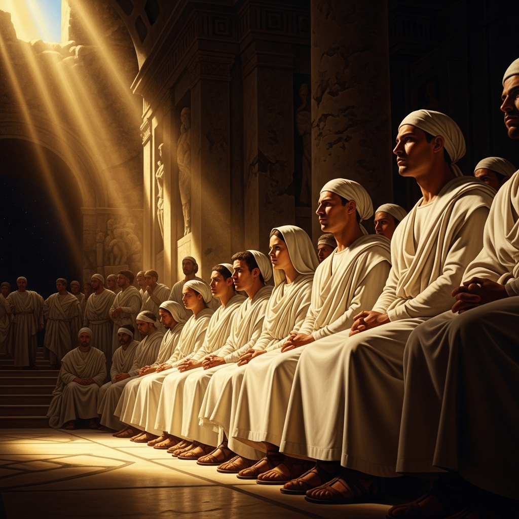 The Brotherhood assembled at Croton: students in white, seated in silence, listening to a teaching they will not repeat outside the community for five years.