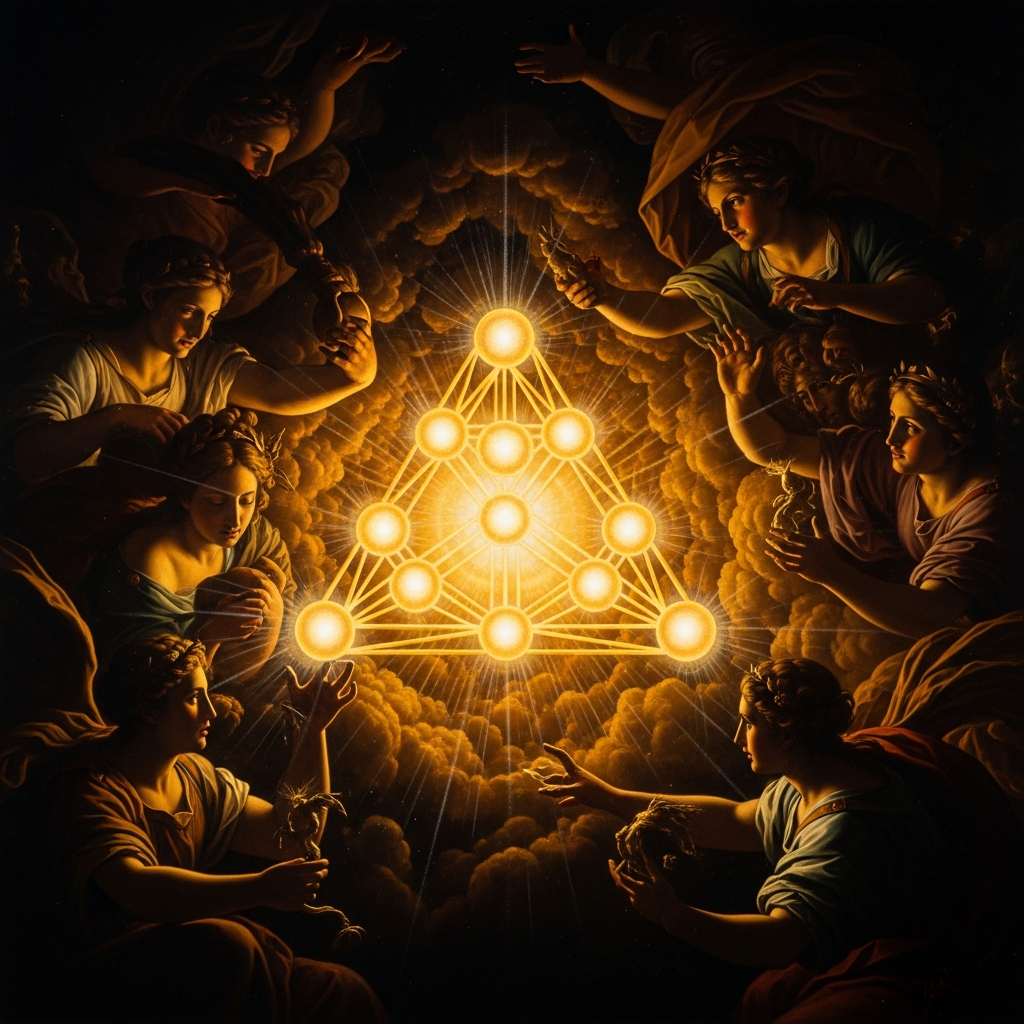 The tetraktys: the triangular arrangement of ten points in four rows — 1, 2, 3, 4 — the most sacred figure in Pythagorean theology, containing the ratios of the musical intervals and, in the brotherhood's conviction, the hidden structure of the cosmos.