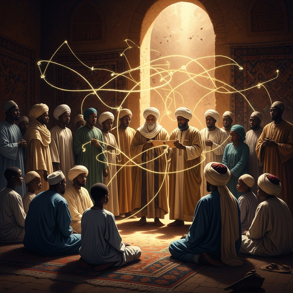A Qadiriyya initiation ceremony in West Africa, eight centuries after the founding — the chain of transmission unbroken across a hundred languages and forty countries.