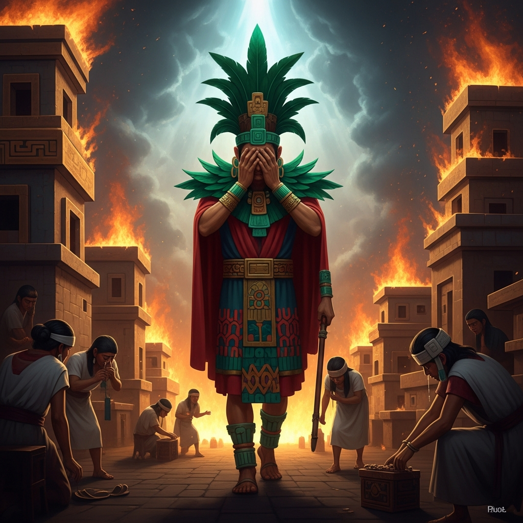 Quetzalcoatl at dawn after his disgrace — the great priest-king of Tula walking through his burning palace, the houses of coral and jade and gold all aflame, his face covered in shame, the servants of Tula weeping around him, the magnificent city of turquoise he built dissolving in the fire he ordered set.