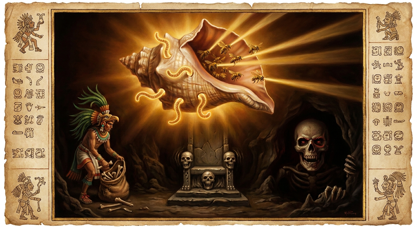 The worms drill four clean holes in the spiral. Bees swarm into the conch and hum it into trumpeting. Four blasts shake the skull-thrones of the underworld.
