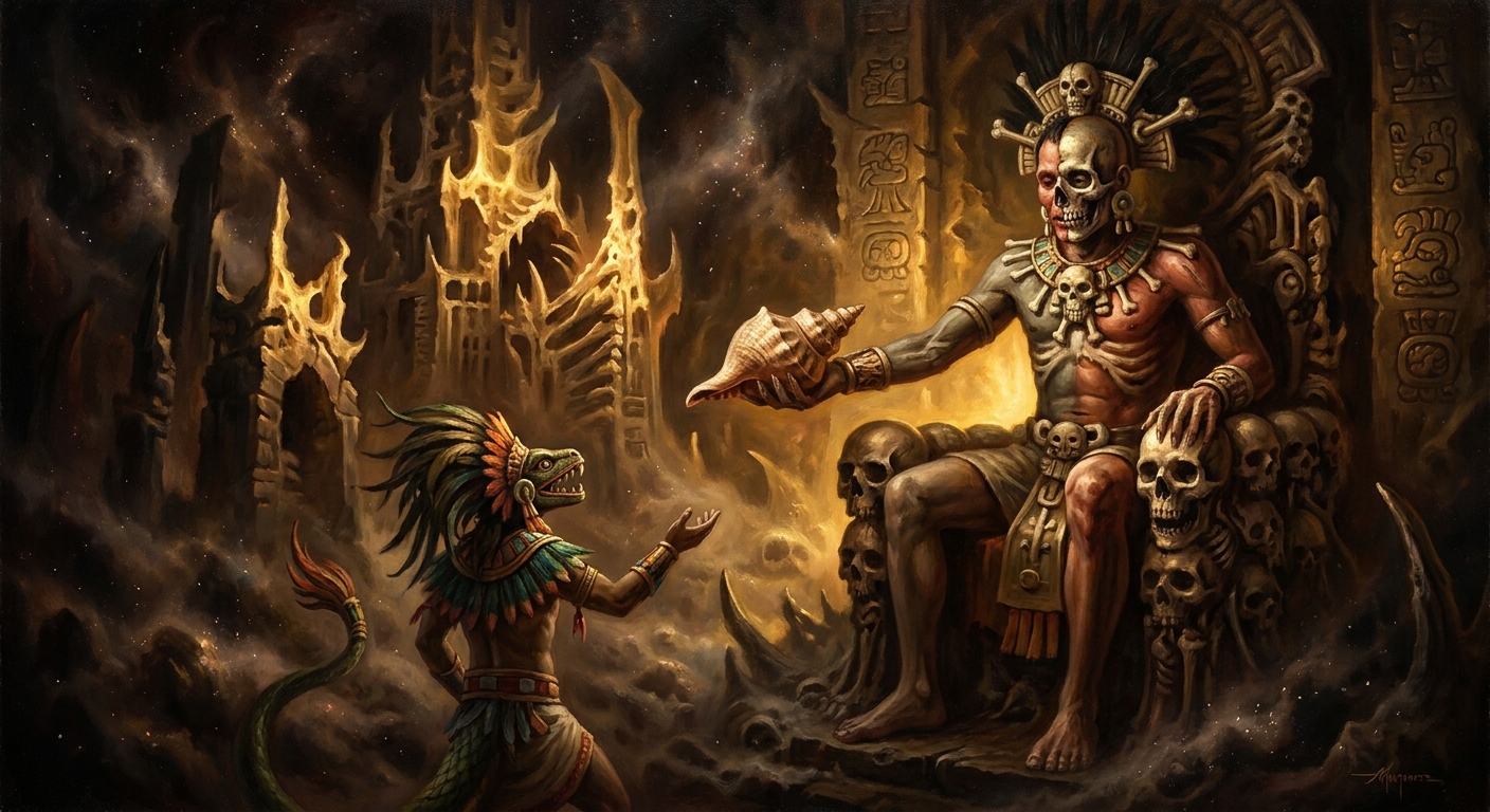 The ninth layer of Mictlan. Mictlantecuhtli, half-flesh and half-skull, hands Quetzalcoatl the spiral conch with no mouthpiece. The trick is already in motion.