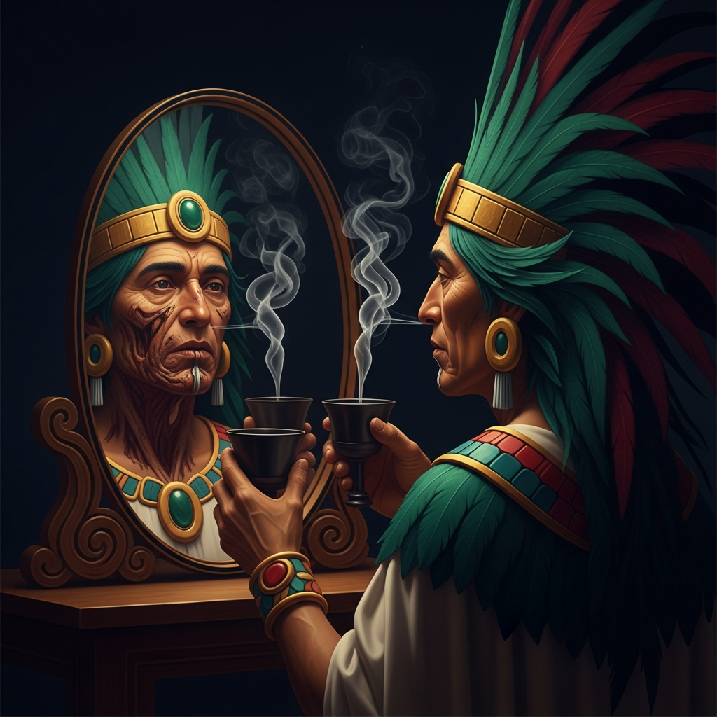 Quetzalcoatl, the plumed serpent-priest-king of Tula, looking into the smoking mirror for the first time. His face in the polished obsidian shows something he has not seen before — age, decay, the body as it truly is. He holds a cup. He is already deciding.