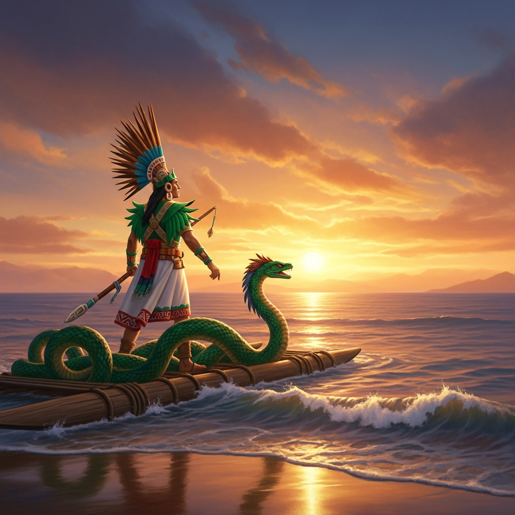 Quetzalcoatl at the shore of the Gulf of Mexico, stepping onto his raft woven from living feathered serpents — the dawn light turning the water gold and rose, the priest-king in full regalia looking back at the land one last time before the raft carries him east into the rising sun.