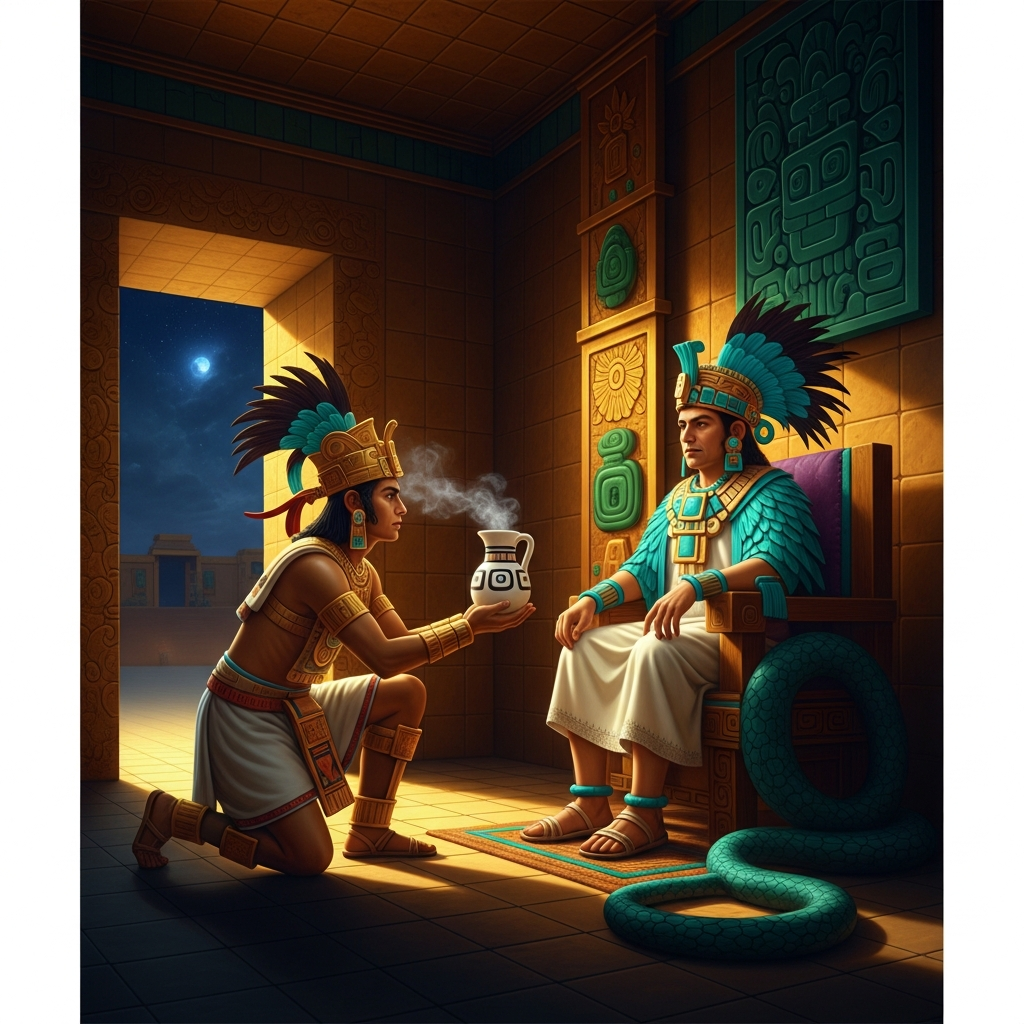 Tezcatlipoca offering pulque to Quetzalcoatl in his palace at Tula — the Smoking Mirror god kneeling before the Feathered Serpent priest-king with a vessel of white octli pulque, Quetzalcoatl seated in his turquoise regalia, the palace walls shining with gold and jade, the night sky visible through the doorway.