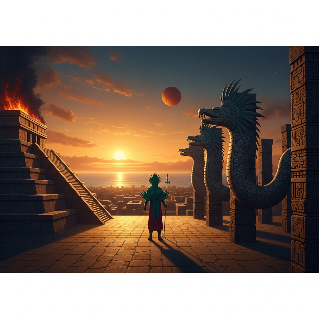 The city of Tula burning in the distance at dawn. Quetzalcoatl is already gone — eastward toward the sea, toward Venus rising on the horizon. The great pyramid-temple is empty. The feathered serpent carvings on the columns have no priest to serve them.
