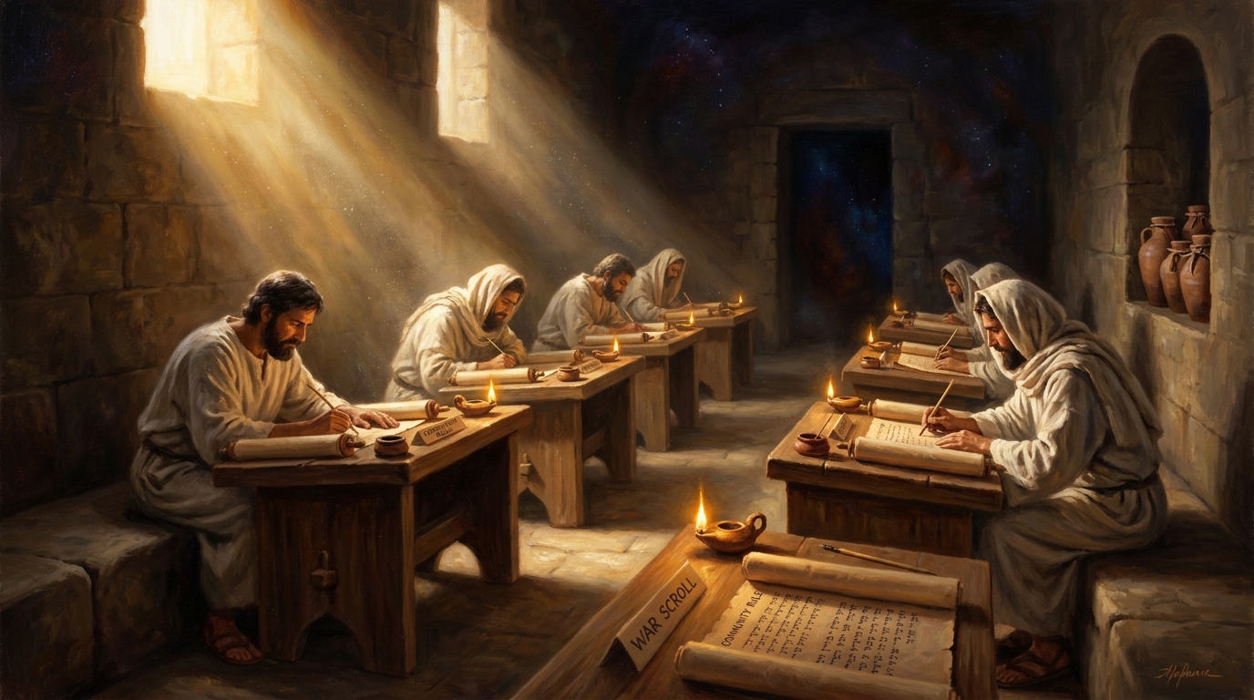 The scriptorium at Qumran — the long room identified by archaeologists Roland de Vaux and Lankester Harding, furnished with plastered benches and inkwells, where the sect's copyists reproduced scripture and composed their own documents across nearly two centuries.