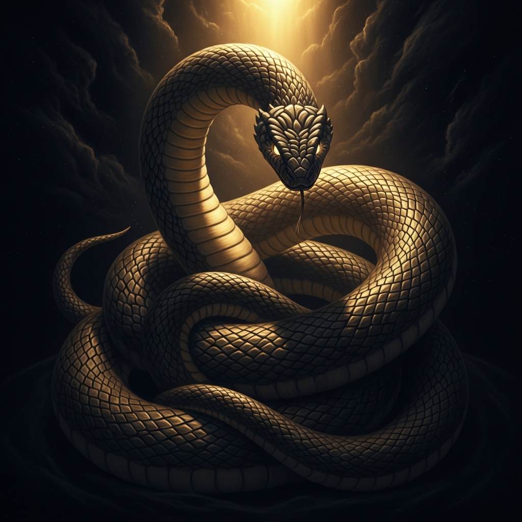 The great serpent Apophis coiled in the sixth hour, the deepest dark, the moment when the barque is farthest from either sunrise or sunset.