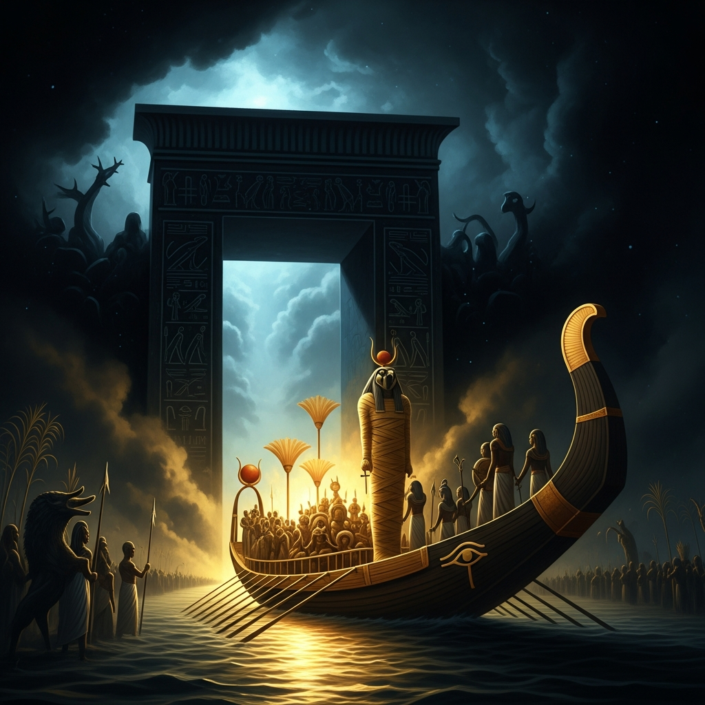 The solar barque enters the western horizon — the gate of darkness, the beginning of the twelve hours, the nightly death of the sun.