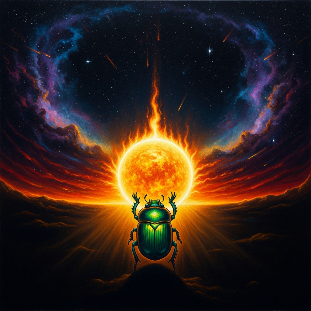 Khepri the scarab beetle pushes the sun disc up the eastern sky — the resurrection that nobody sees, the daily miracle of the first light.