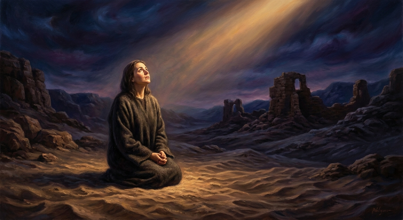 Alone in the desert at dawn, she kneels on the cooling sand and speaks to God as though no fire and no garden lay between them.