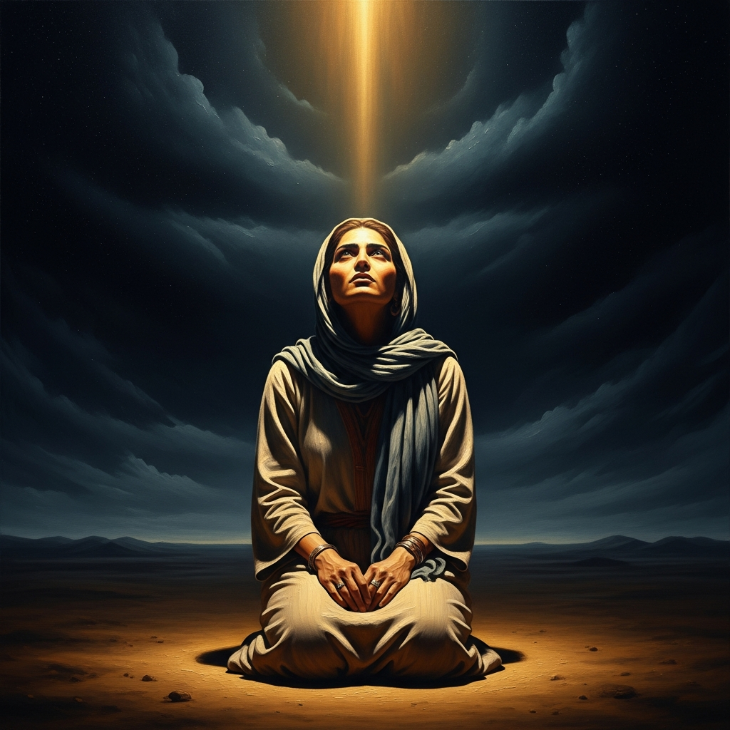 Alone in the desert beyond Basra, Rabia kneels on the cooling sand with nothing between her and the sky, speaking to God with the directness of a woman who has removed every intermediary including reward.
