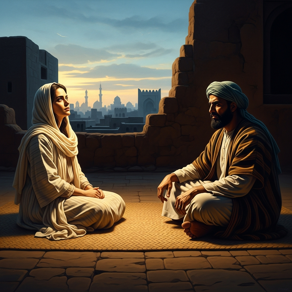 On a Basran rooftop at the hour before dawn, Rabia and Hasan al-Basri sit at opposite ends of the mat, and the distinction between their theologies is visible in the quality of their silence.
