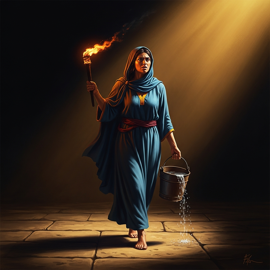 Under the noon sun of Basra, barefoot on the hot stones, Rabia walks with a torch in one hand and a sloshing bucket in the other, her face set like a woman with somewhere to be.