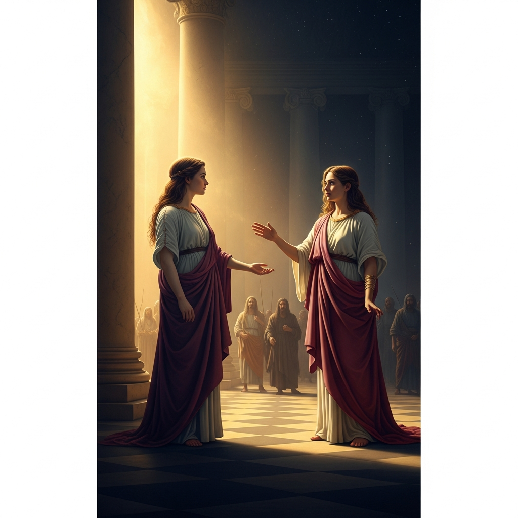 Rachel standing before the divine presence in the celestial court, her posture neither supplication nor demand but the particular stance of a mother who has run out of patience with abstractions. Behind her, dimly visible, the exiles still walking.