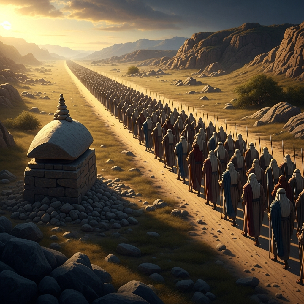 The road past Ramah at dawn, the long column of Judahite exiles moving northward into captivity, 586 BCE. At the side of the road, the tomb of Rachel — a simple cairn of stones. The light above it is not ordinary light.