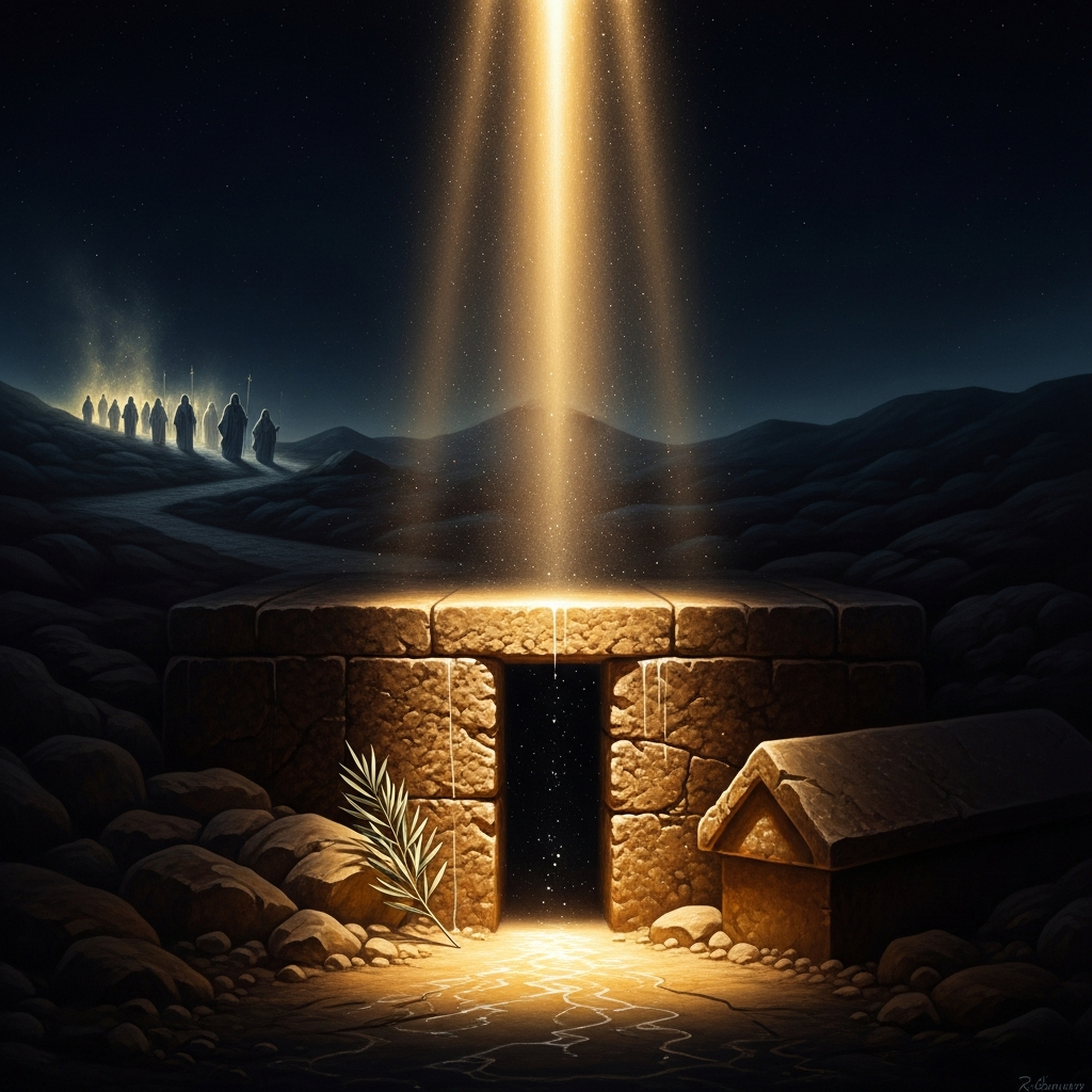 The moment of divine response — light breaking across the tomb at Ramah, the promise of return, the weeping that has become the vessel of a covenant. The exiles are still visible in the distance, already somehow changed.