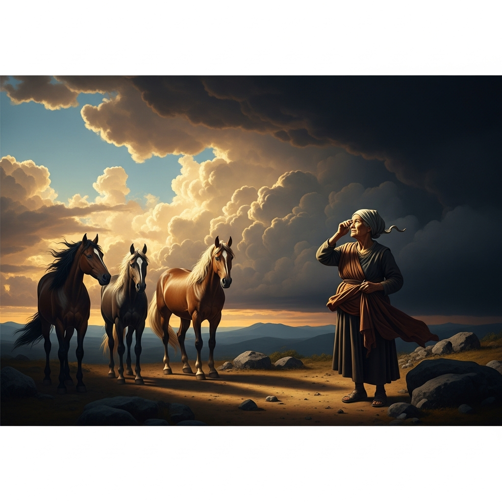 On the seventh day of the family's intensified offerings, the clouds come from the northwest. The horses smell the rain before it arrives and face into the wind. The grandmother watches the sky and does not speak, because she has already said what needed to be said.