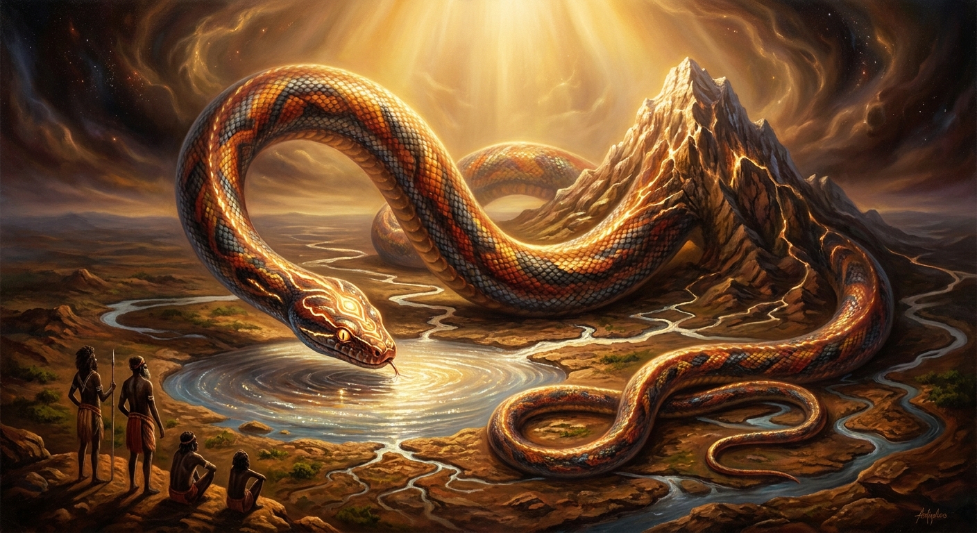 The Rainbow Serpent slides across the continent from coast to coast. Where she pauses to drink, a billabong forms; where she rears up, a mountain. Her body becomes the river-system.
