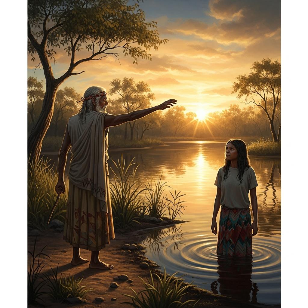 An elder stands at the edge of a billabong at dawn, arm extended toward the bend in the creek that proves the Serpent turned here. The young woman beside her has never seen this water before, and yet she is already home.