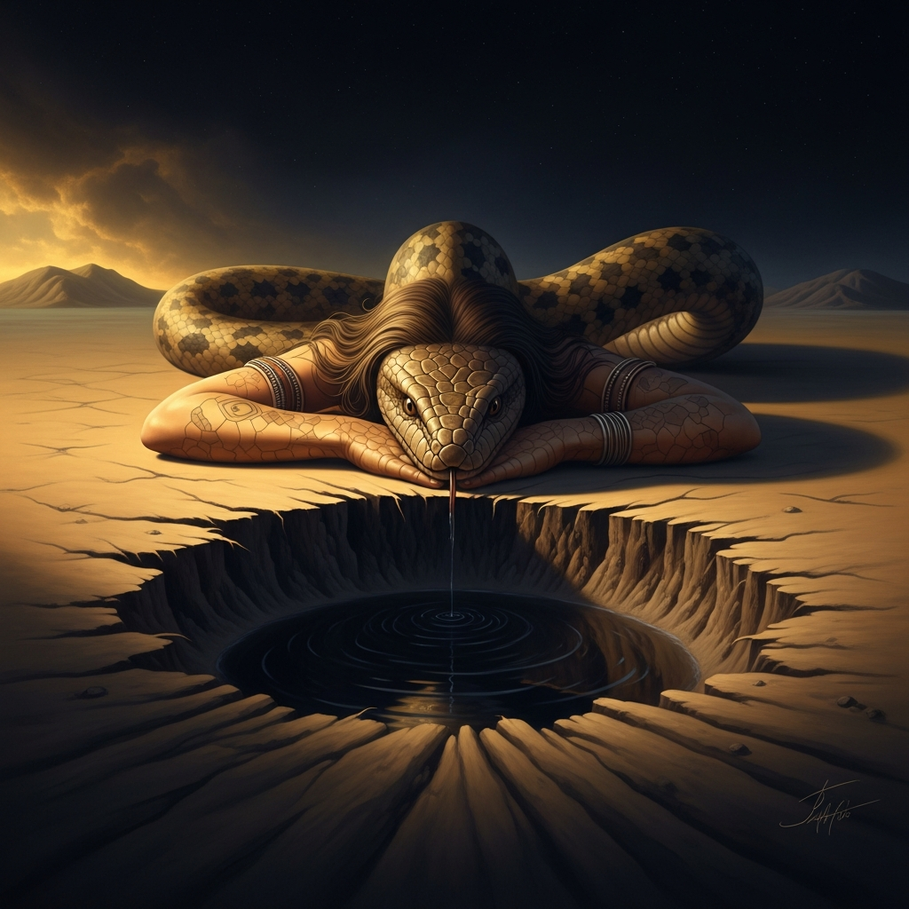 The Serpent presses her body against the flat earth and the land folds around her like cloth. Where she rests her chin to drink, the ground gives way and the waterhole opens — dark, permanent, already smelling of wet stone.